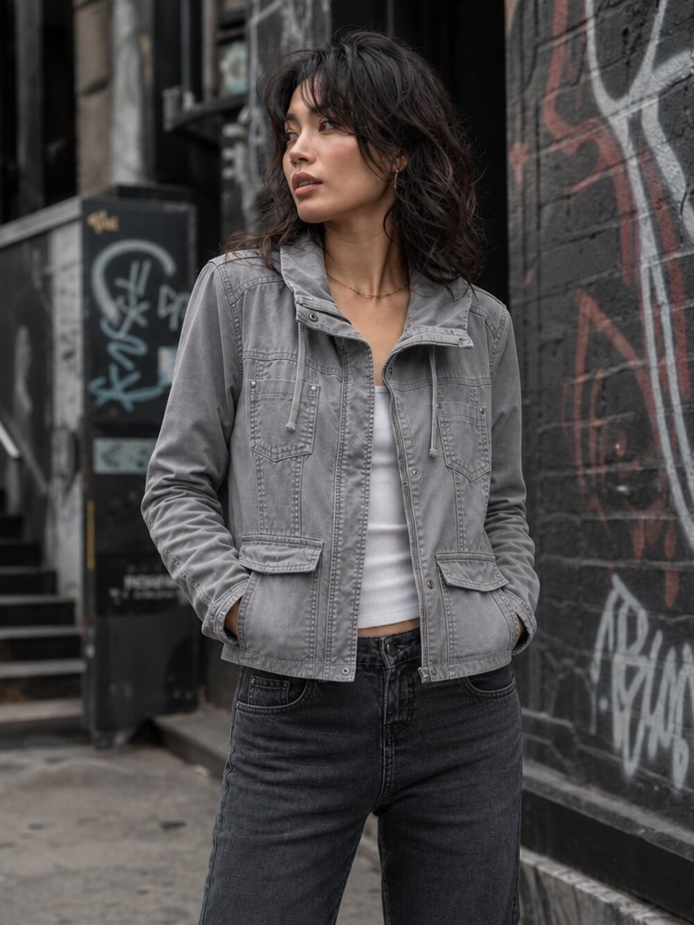 Garage Women's Light Gray Utility Jacket with Front Flap Pockets